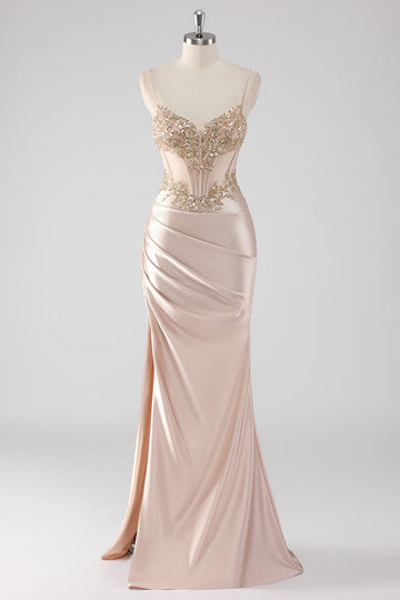 Robe de bal scintillante champagne corset appliques avec fente